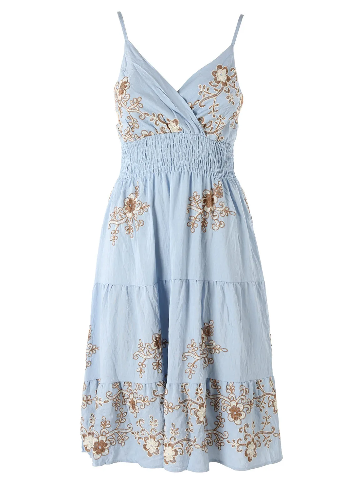 Solada Vestito donna in viscosa con spalline strette e ricami floreali - azzurro