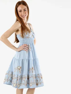 Solada Vestito donna in viscosa con spalline strette e ricami floreali - azzurro
