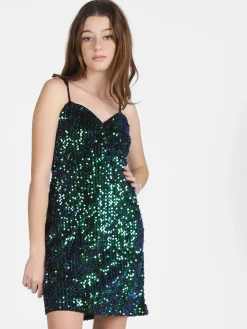 Solada Vestito donna midi in ciniglia con paillettes e spalline sottili
