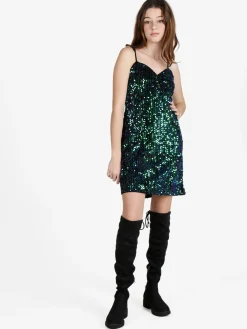 Solada Vestito donna midi in ciniglia con paillettes e spalline sottili