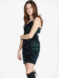 Solada Vestito donna midi in ciniglia con paillettes e spalline sottili