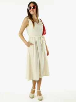 Solada Vestito donna smanicato in misto lino con scollo a V - beige