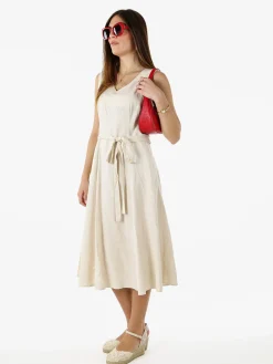 Solada Vestito donna smanicato in misto lino con scollo a V - beige