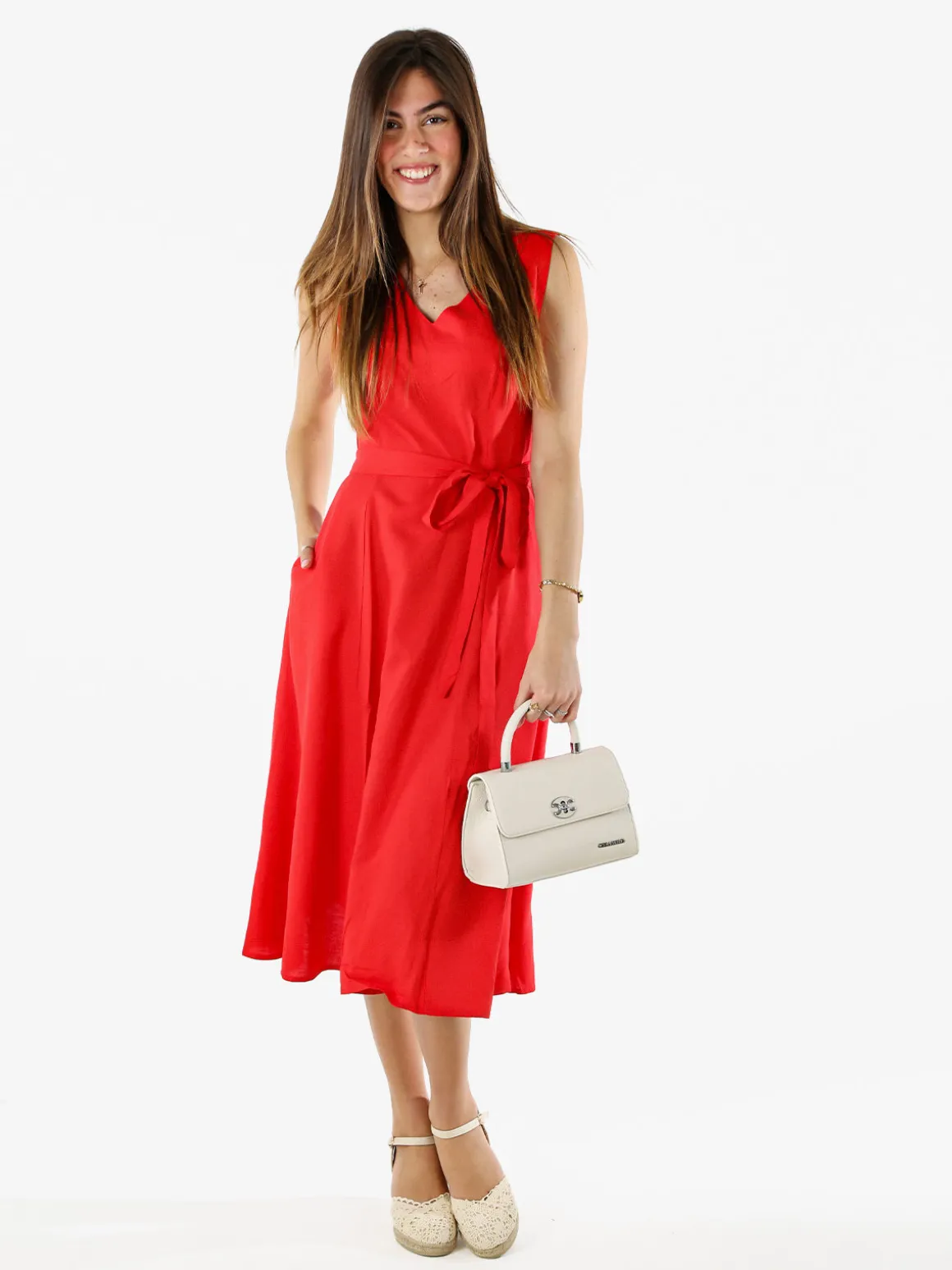 Solada Vestito donna smanicato in misto lino con scollo a V - rosso