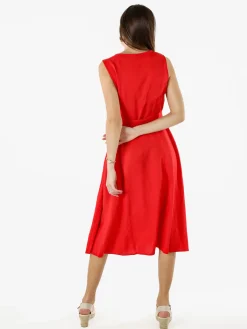 Solada Vestito donna smanicato in misto lino con scollo a V - rosso