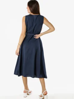 Solada Vestito donna smanicato in misto lino con scollo a V - blu scuro