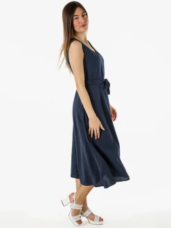 Solada Vestito donna smanicato in misto lino con scollo a V - blu scuro