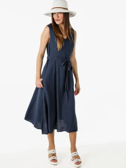 Solada Vestito donna smanicato in misto lino con scollo a V - blu scuro