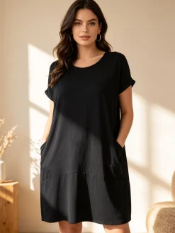 Solada Vestito maxi da donna a maniche corte con taschini - nero