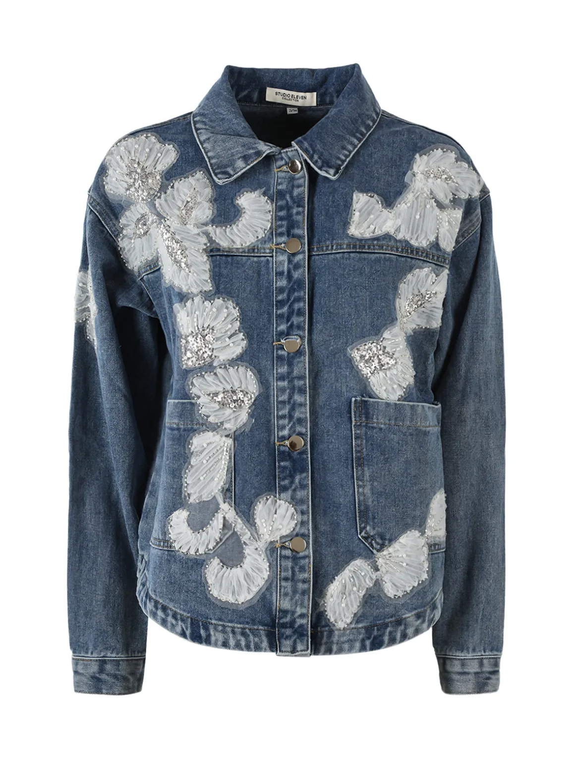 Studio Eleven Collection Giacca donna in jeans oversize con perline e paillettes - blu