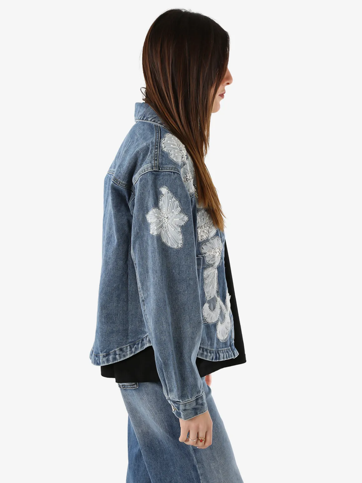 Studio Eleven Collection Giacca donna in jeans oversize con perline e paillettes - blu
