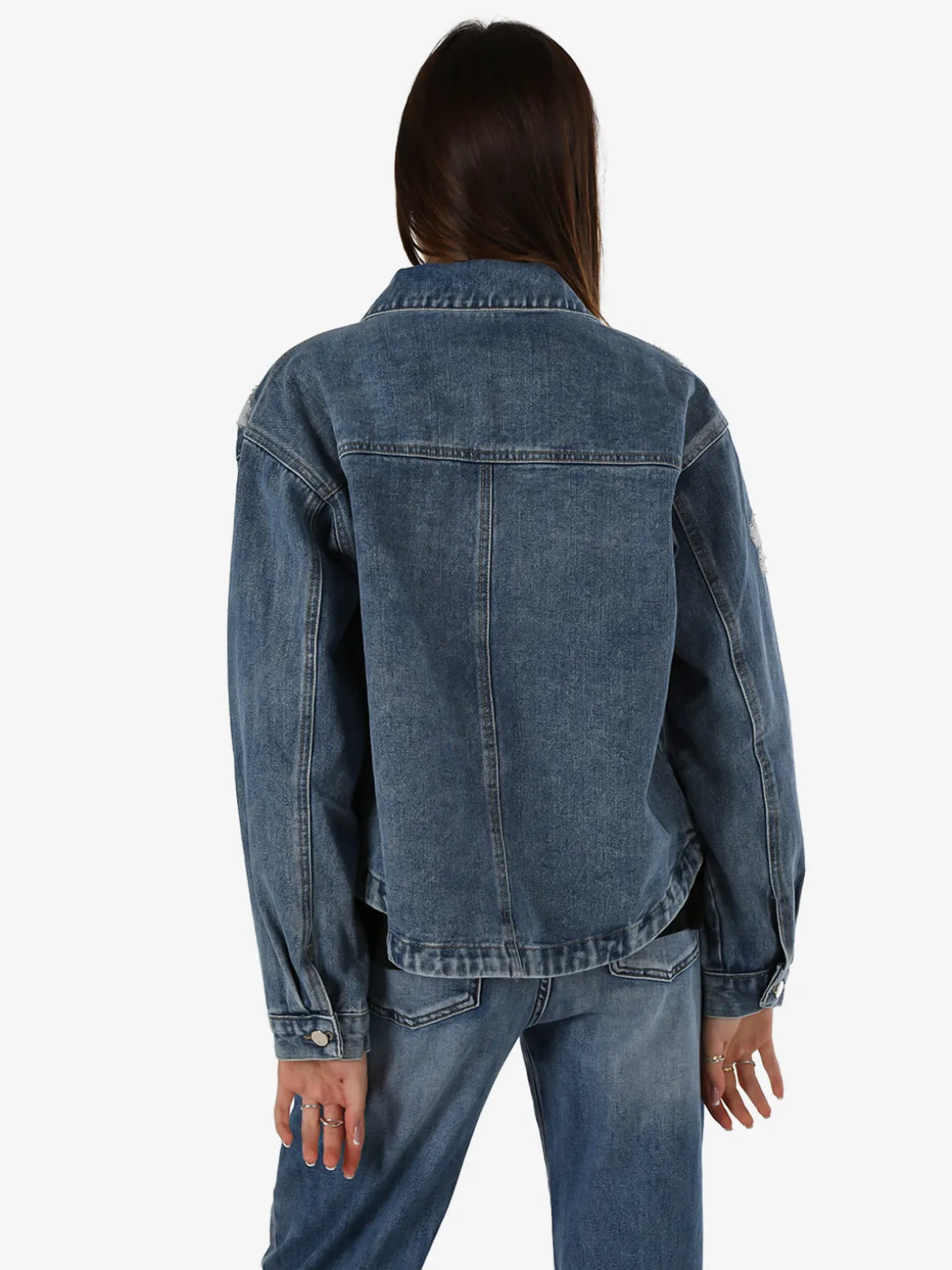 Studio Eleven Collection Giacca donna in jeans oversize con perline e paillettes - blu