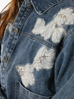Studio Eleven Collection Giacca donna in jeans oversize con perline e paillettes - blu