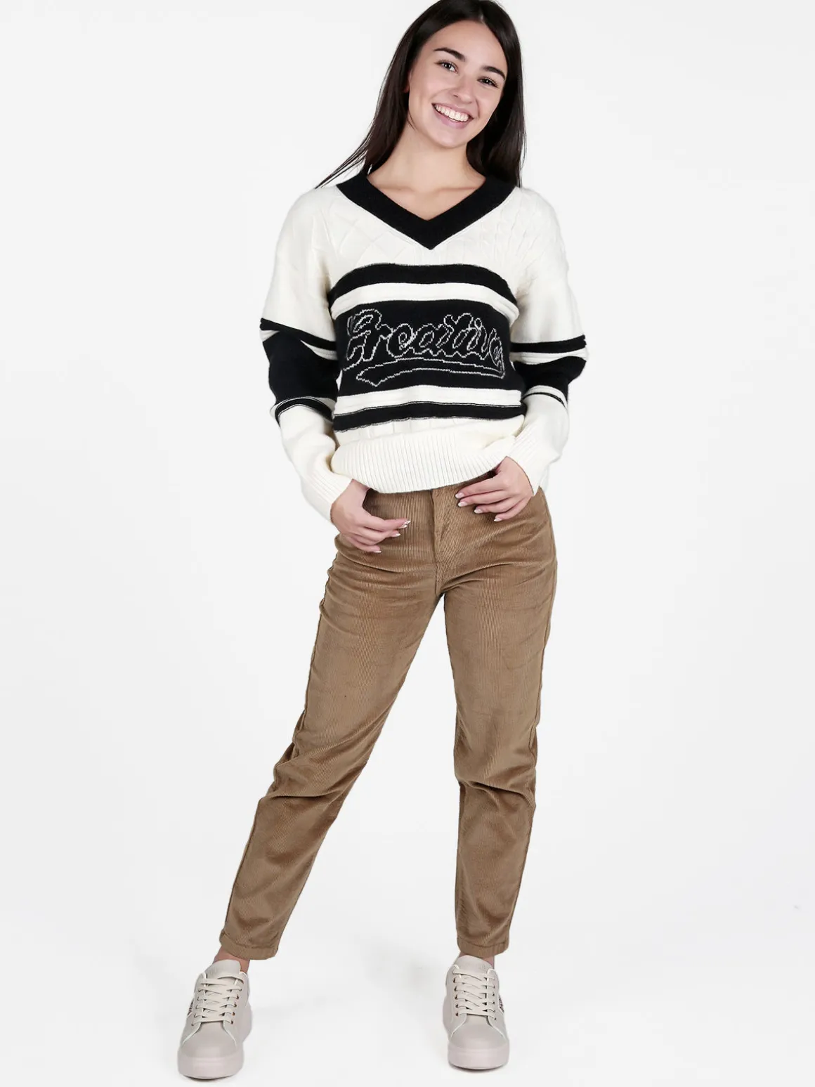 Studio Eleven Collection Maglione donna con scollo a V e spalle cadenti