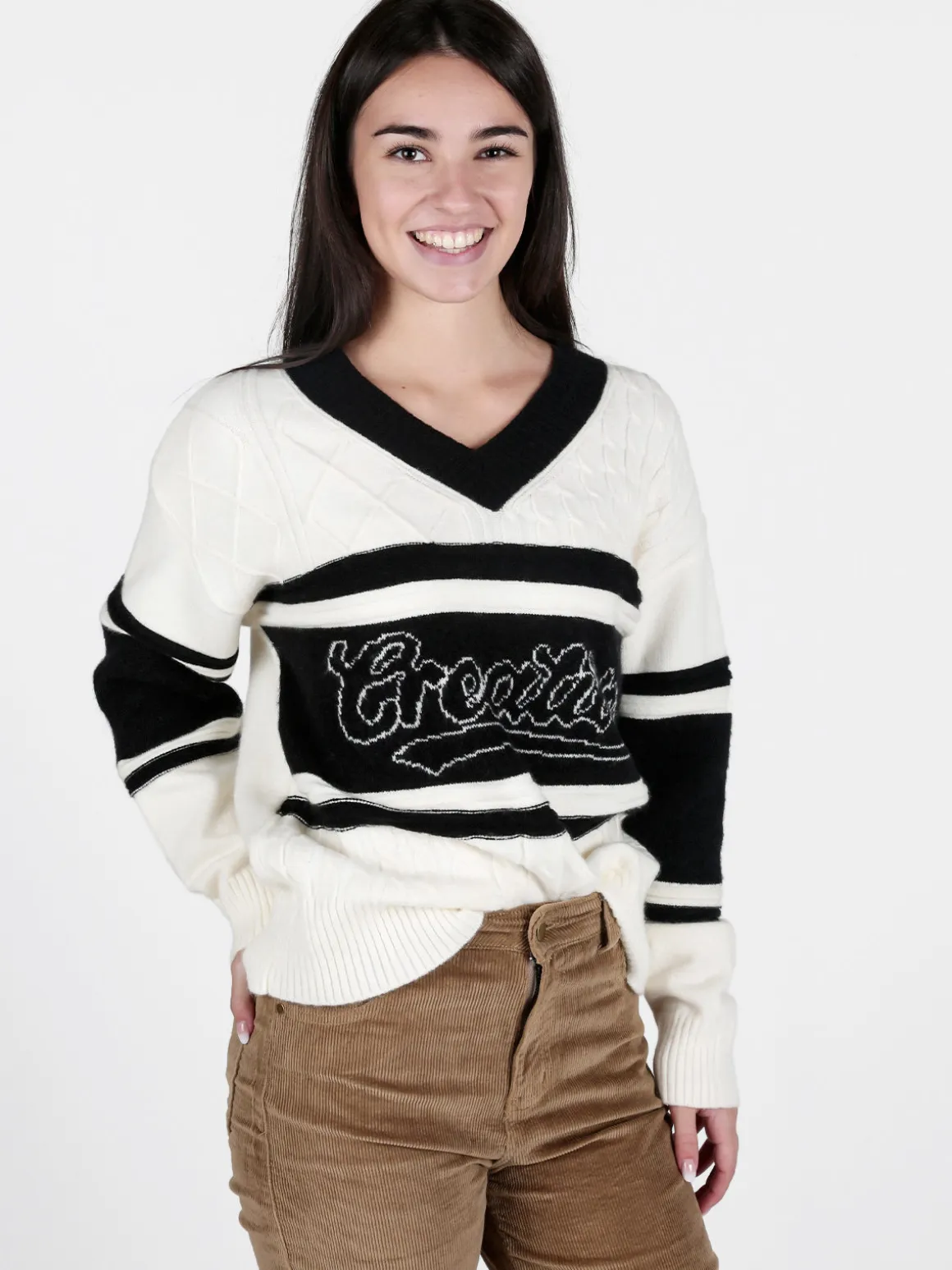 Studio Eleven Collection Maglione donna con scollo a V e spalle cadenti