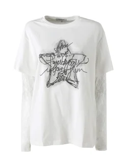 Studio Eleven Collection Maxi t-shirt da donna in cotone con maniche lunghe in pizzo - bianco