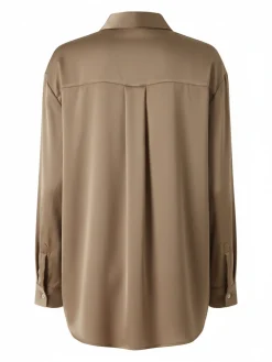 Studio Eleven Collection Maxi camicia da donna a maniche lunghe effetto raso - khaki