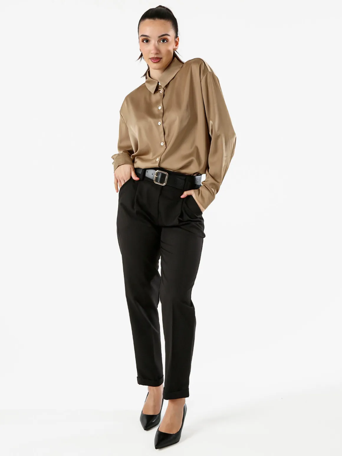 Studio Eleven Collection Maxi camicia da donna a maniche lunghe effetto raso - khaki