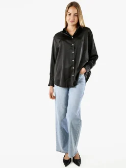 Studio Eleven Collection Maxi camicia da donna a maniche lunghe effetto raso - nero
