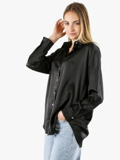 Studio Eleven Collection Maxi camicia da donna a maniche lunghe effetto raso - nero