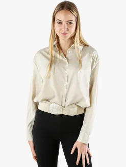 Studio Eleven Collection Maxi camicia da donna a maniche lunghe effetto raso - apricot