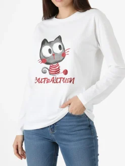 Studio Eleven Collection T-shirt a maniche lunghe da donna in cotone con stampa - bianco