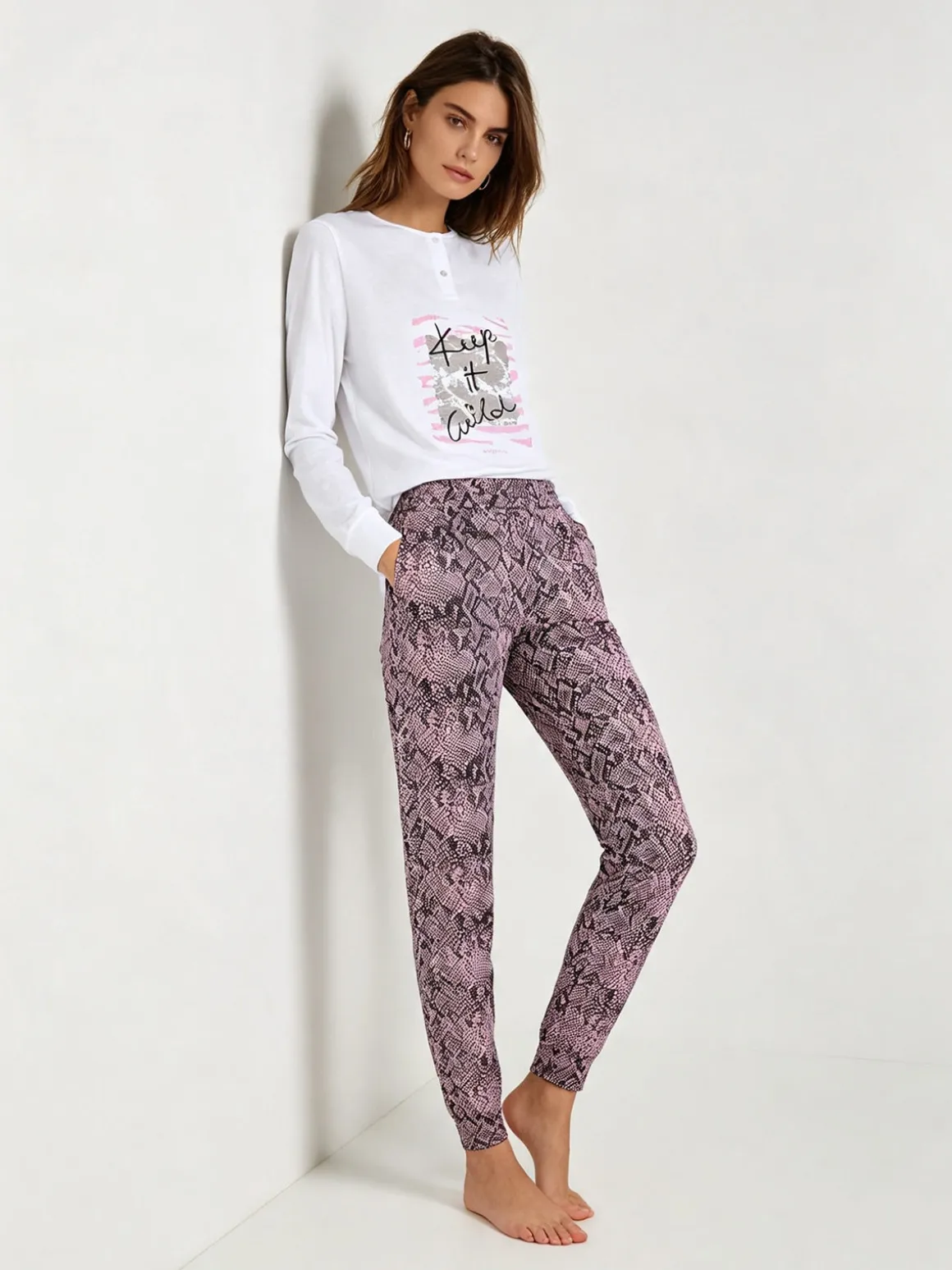 Stylosa Pigiama lungo da donna in cotone con stampe