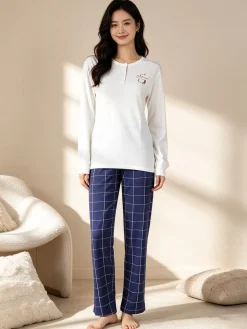 Stylosa Pigiama lungo da donna in cotone con pantaloni a quadri
