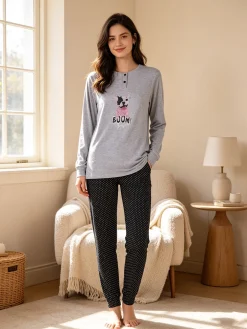 Stylosa Pigiama lungo da donna in cotone con pantaloni a pois
