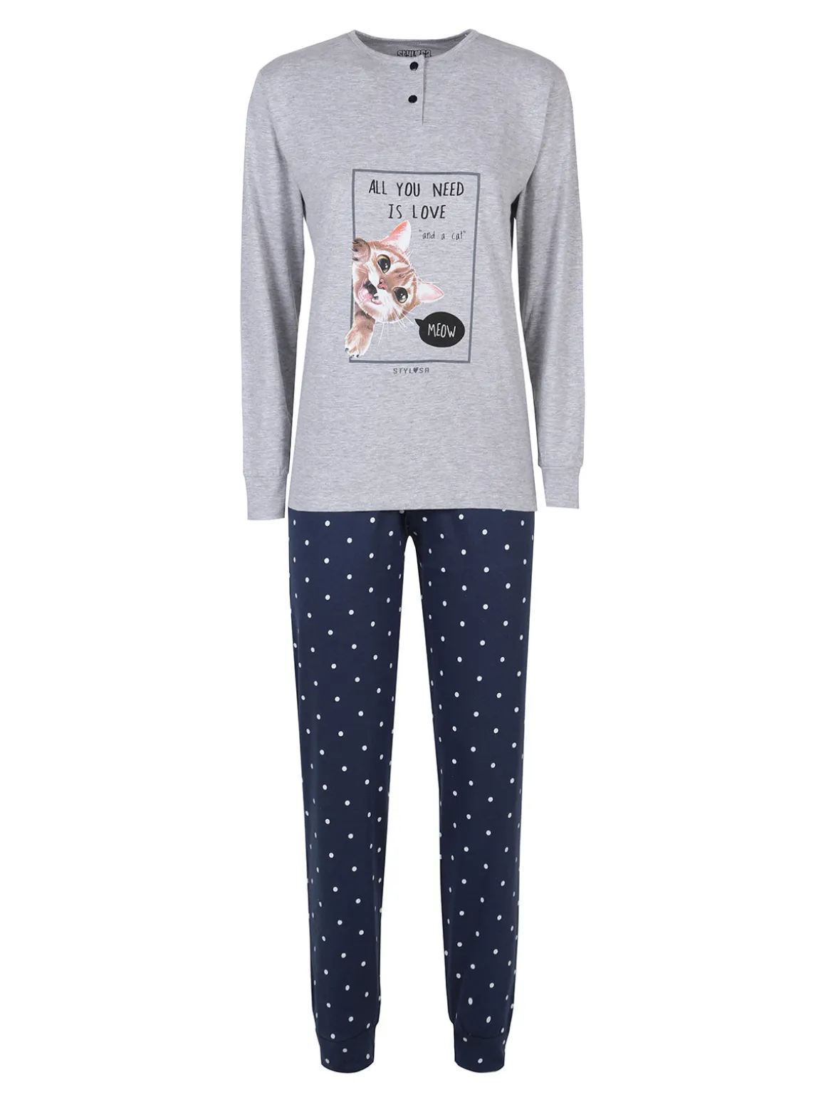 Stylosa Pigiama lungo da donna in cotone con pantaloni a pois