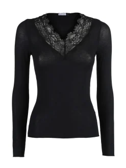 Sublyme T-shirt donna a maniche lunghe in cashmere con pizzo - nero