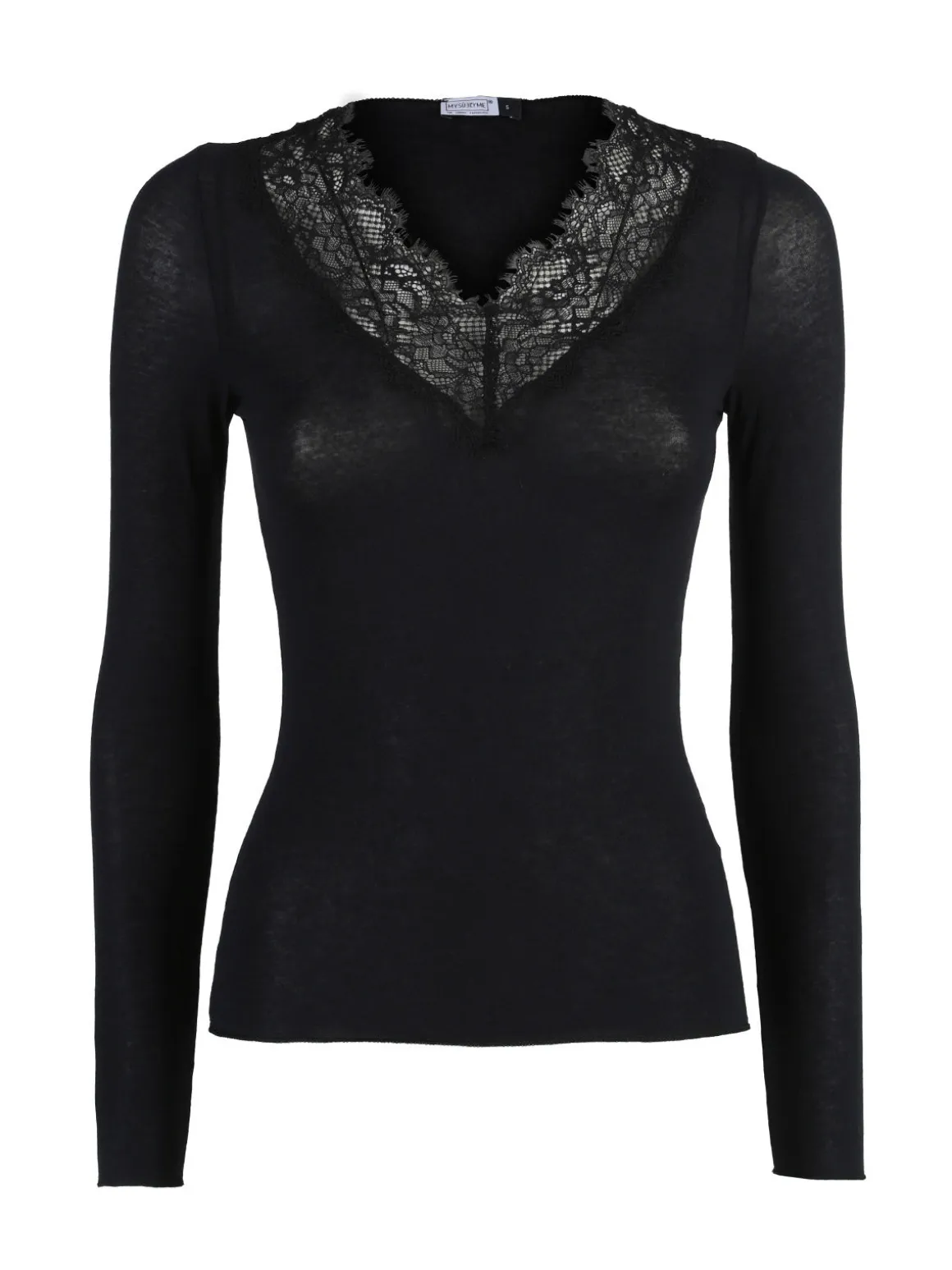 Sublyme T-shirt donna a maniche lunghe in cashmere con pizzo - nero