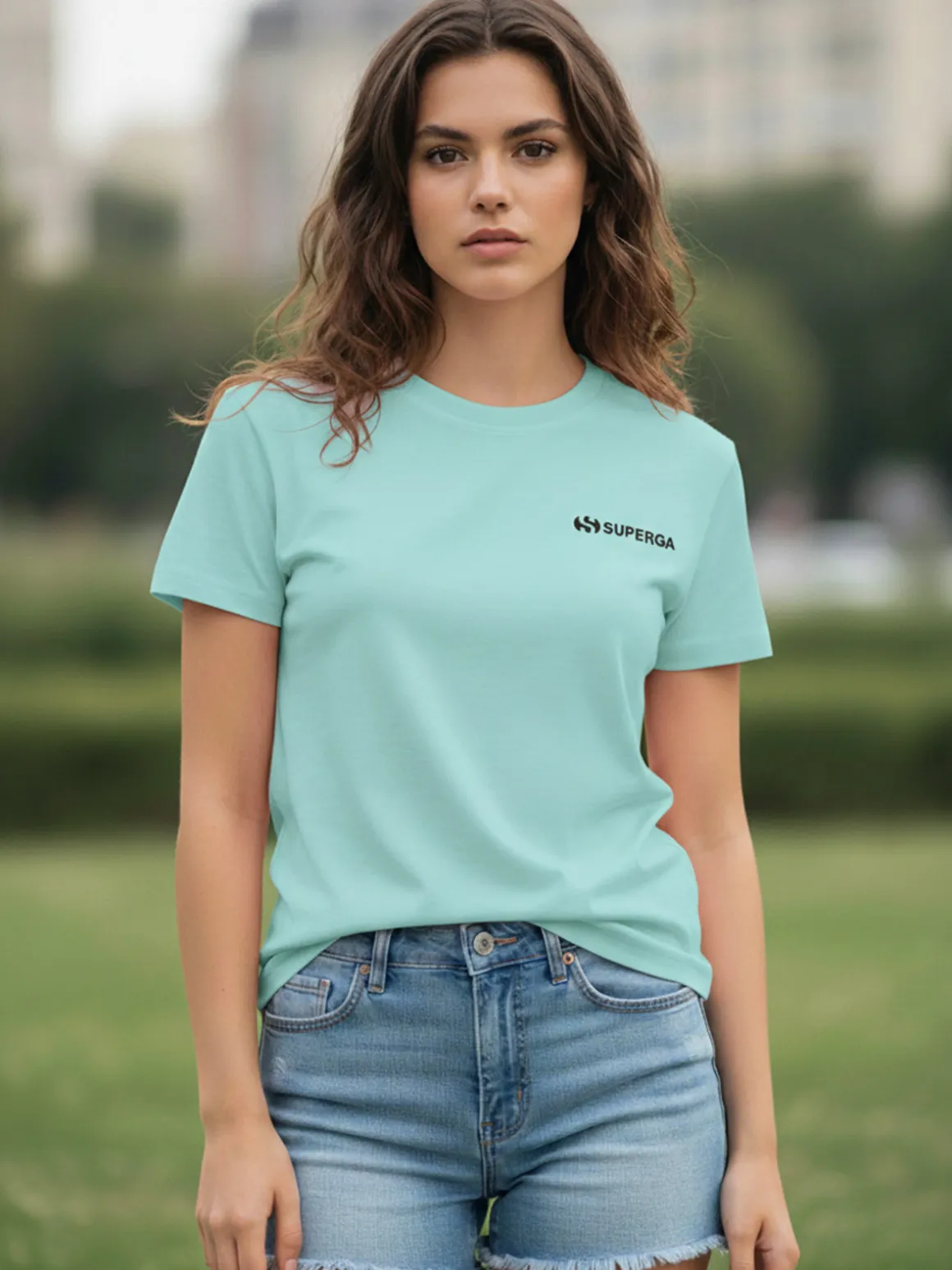 Superga T-shirt girocollo da donna in cotone con logo - acqua marina