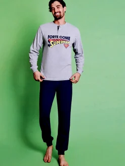 Superman Pigiama lungo da uomo in cotone con pantaloni a quadri - grigio