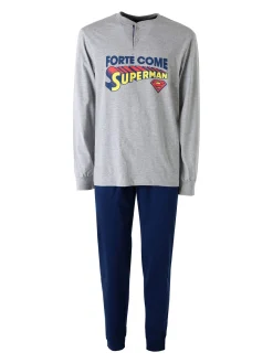 Superman Pigiama lungo da uomo in cotone con pantaloni a quadri - grigio