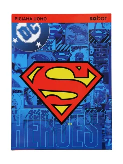 Superman Pigiama lungo da uomo in cotone con pantaloni a quadri - blu