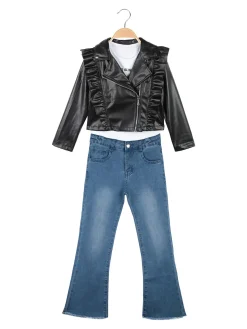 Sweet Junior Completo da bambina 3 pezzi con giacca in ecopelle e jeans