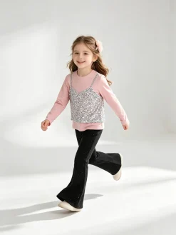 Sweet Junior Completo elegante da bambina con paillettes e pantaloni a zampa - rosa