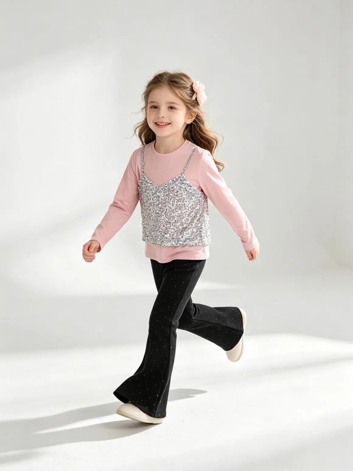 Sweet Junior Completo elegante da bambina con paillettes e pantaloni a zampa - rosa
