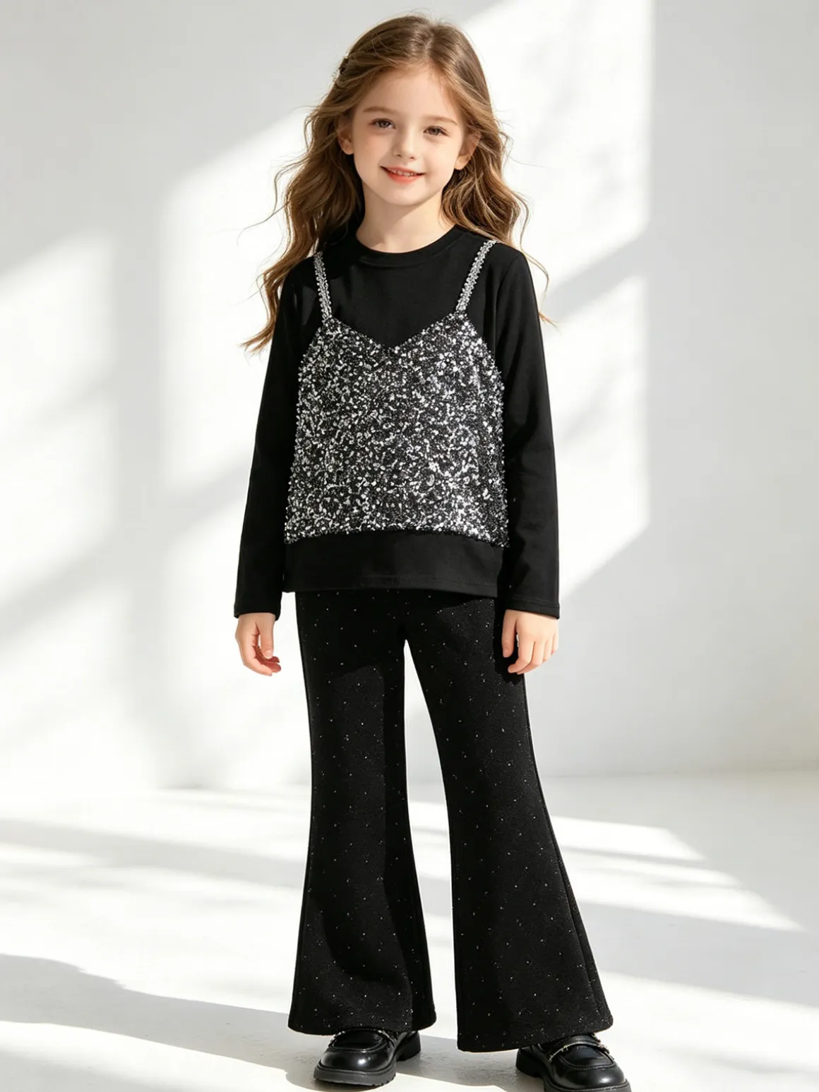 Sweet Junior Completo elegante da bambina con paillettes e pantaloni a zampa - nero