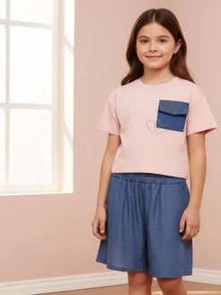 Sweet Junior Completo 2 pezzi corto da bambina con t-shirt cropped e shorts con micro borchie - cipria