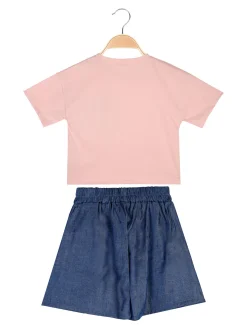 Sweet Junior Completo 2 pezzi corto da bambina con t-shirt cropped e shorts con micro borchie - cipria