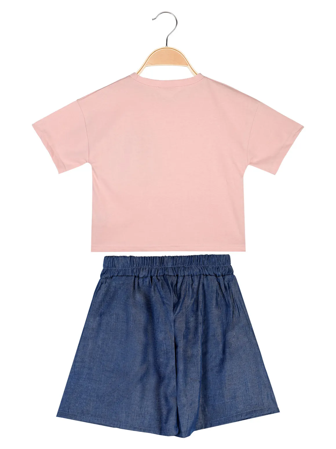 Sweet Junior Completo 2 pezzi corto da bambina con t-shirt cropped e shorts con micro borchie - cipria