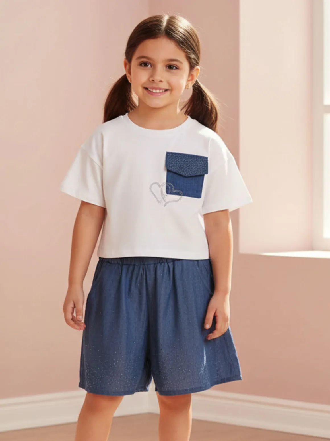 Sweet Junior Completo 2 pezzi corto da bambina con t-shirt cropped e shorts con micro borchie - bianco
