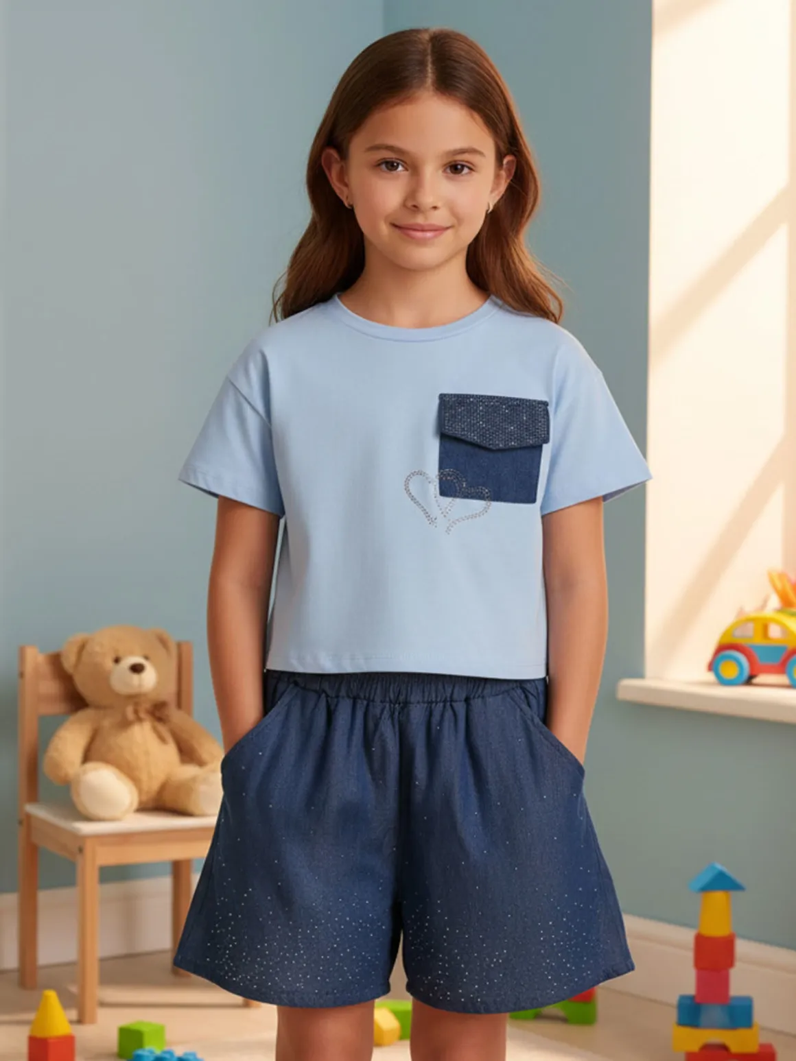 Sweet Junior Completo 2 pezzi corto da bambina con t-shirt cropped e shorts con micro borchie - azzurro