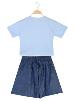 Sweet Junior Completo 2 pezzi corto da bambina con t-shirt cropped e shorts con micro borchie - azzurro