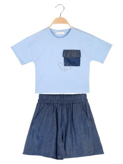 Sweet Junior Completo 2 pezzi corto da bambina con t-shirt cropped e shorts con micro borchie - azzurro