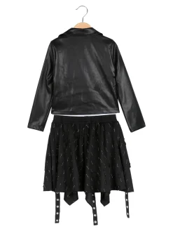 Sweet Junior Completo 3 pezzi da bambina con giacca in ecopelle e gonna con strass - nero