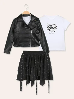 Sweet Junior Completo 3 pezzi da bambina con giacca in ecopelle e gonna con strass - nero