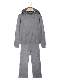 Sweet Junior Completo 2 pezzi da bambina in maglia con cappuccio e pantaloni a zampa